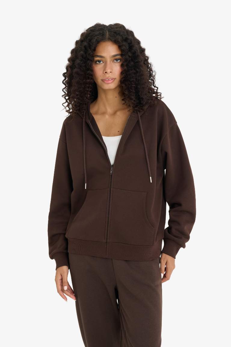 Relax Fit Hooded Basic Thick Fabric Cardigan