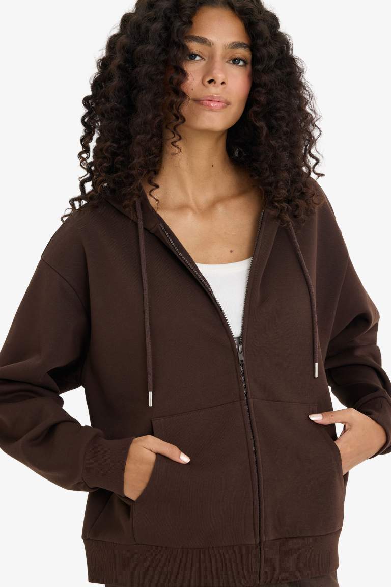 Relax Fit Hooded Basic Thick Fabric Cardigan
