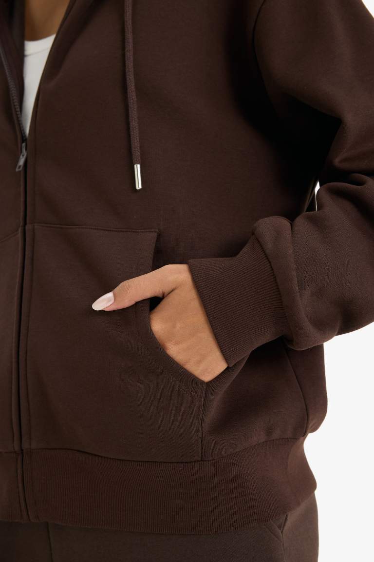 Relax Fit Hooded Basic Thick Fabric Cardigan