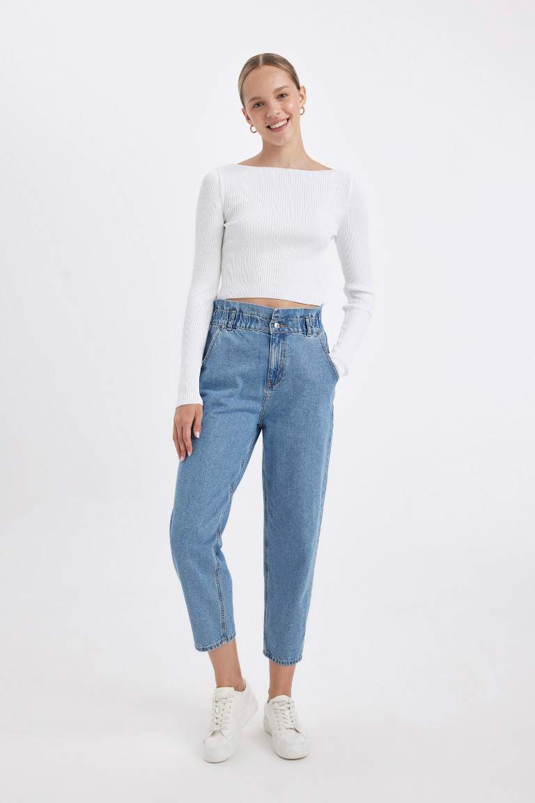 Paperbag High Waist Ankle Washed Jeans