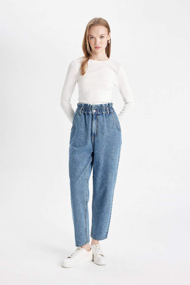 Paperbag High Waist Ankle Length Washed Jeans