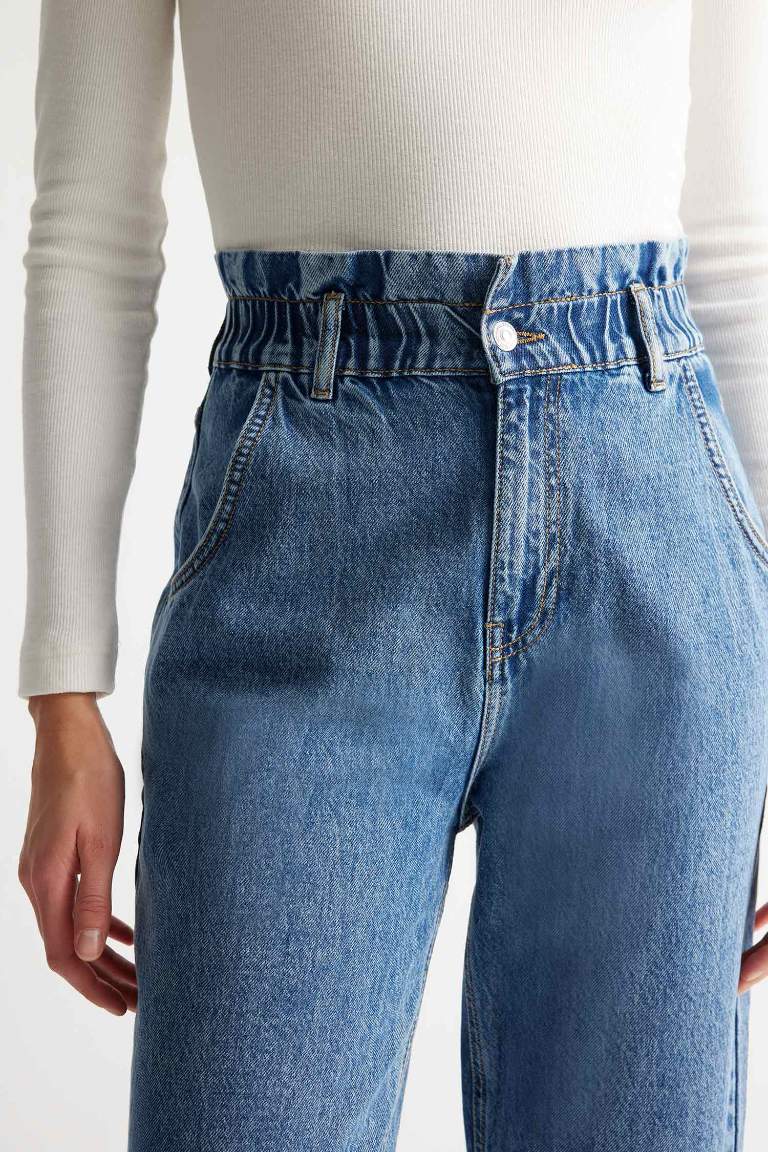 Paperbag High Waist Ankle Length Washed Jeans