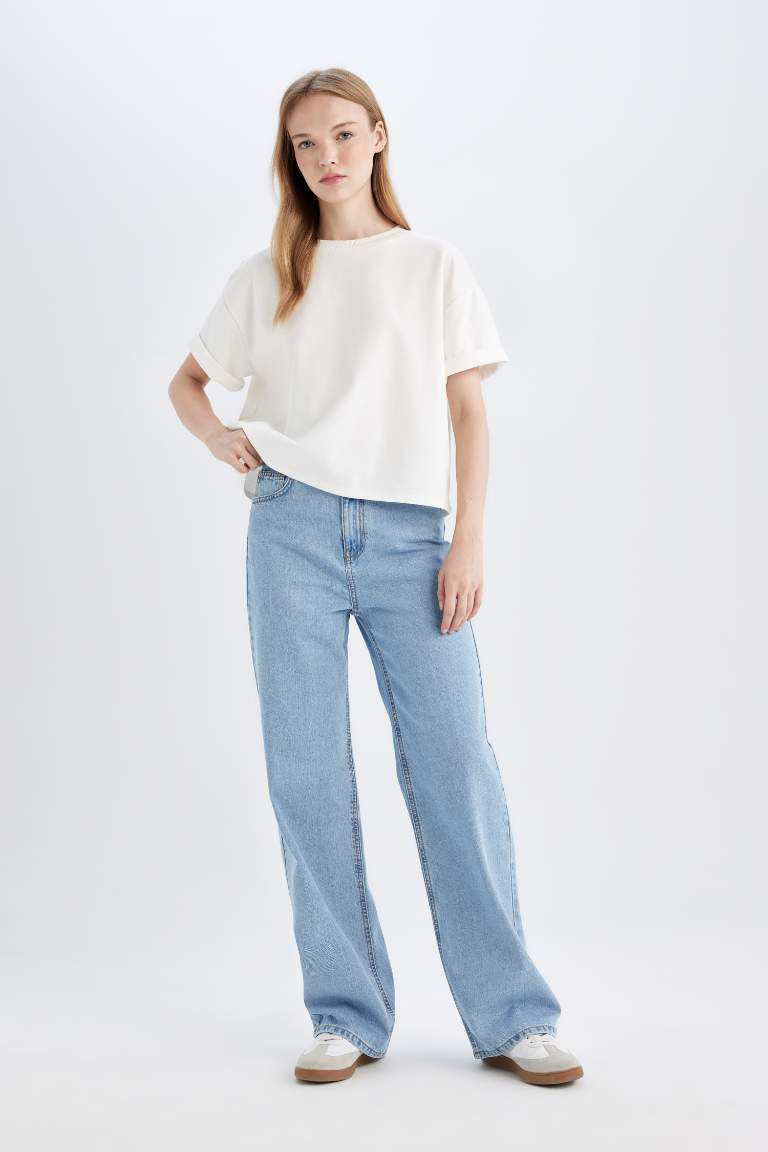 90's Wide Leg Yüksek Bel Paça Ucu Kesik Uzun Jean Yıkamalı Pantolon