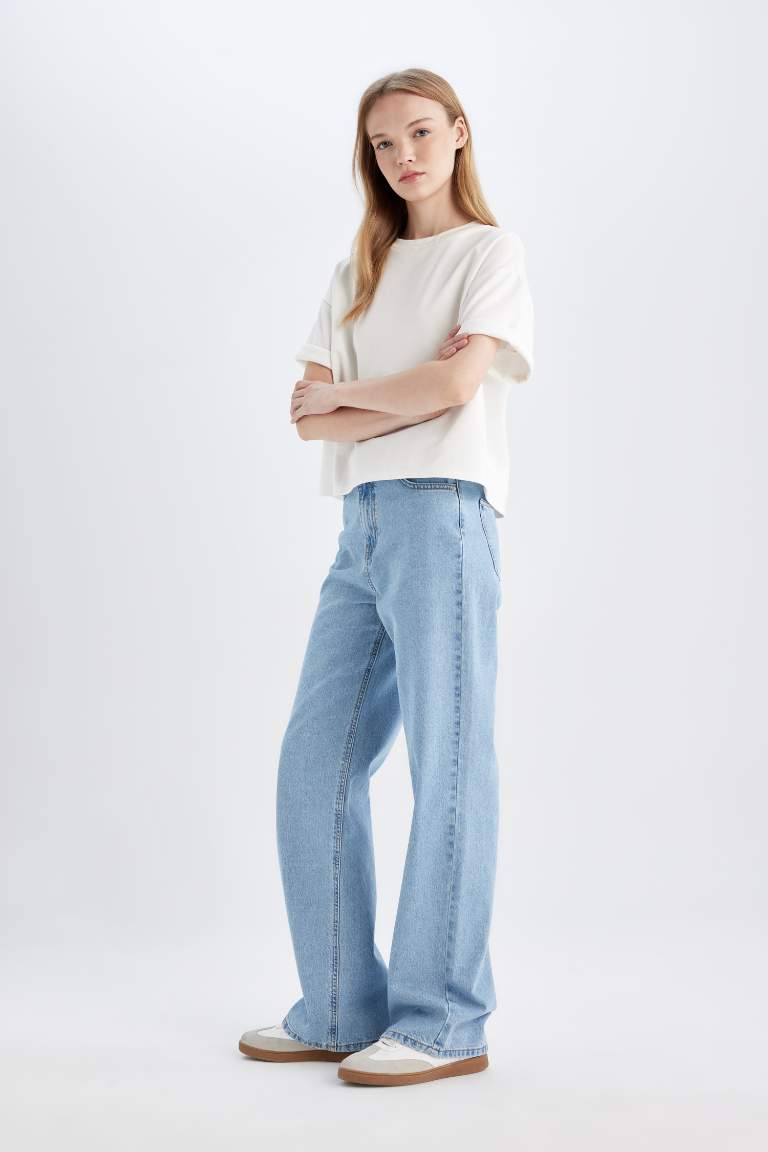 90's Wide Leg Yüksek Bel Paça Ucu Kesik Uzun Jean Yıkamalı Pantolon