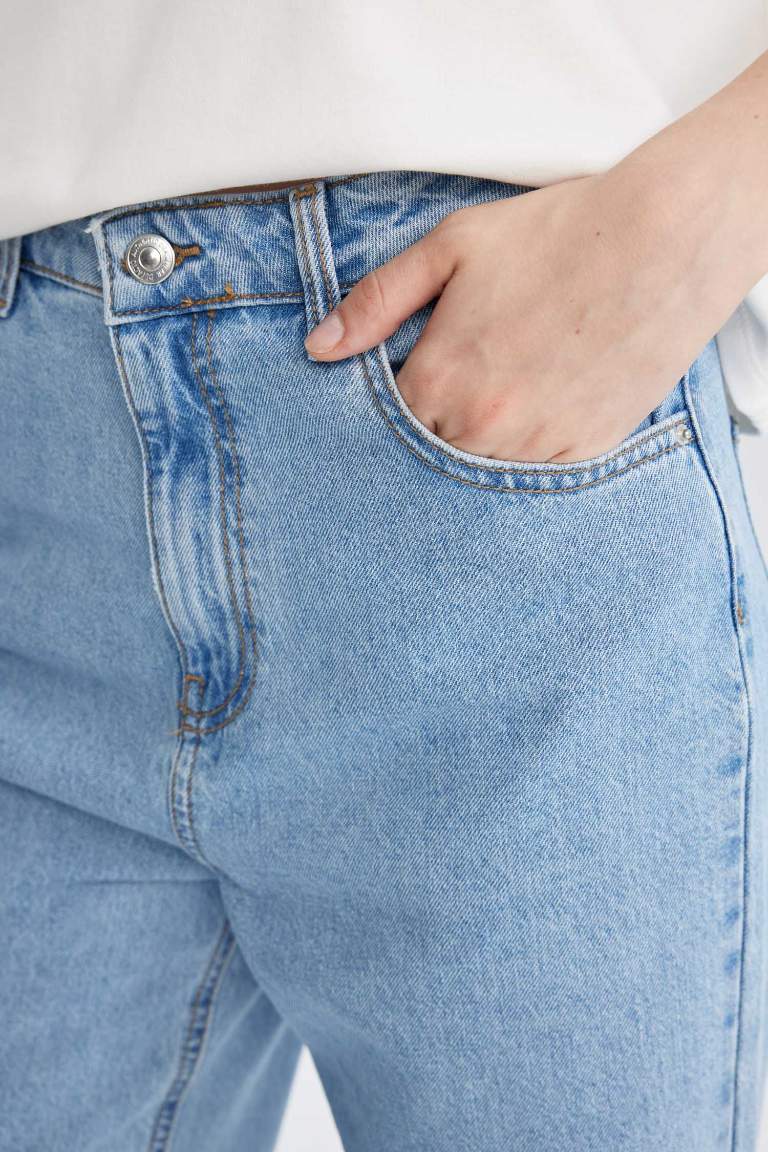 90's Wide Leg Yüksek Bel Paça Ucu Kesik Uzun Jean Yıkamalı Pantolon