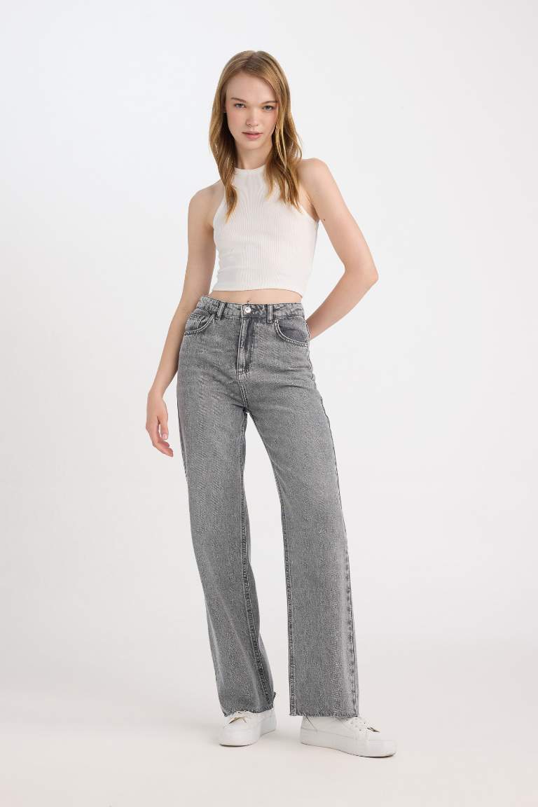 90's Wide Leg High Waist Long Washed Jeans