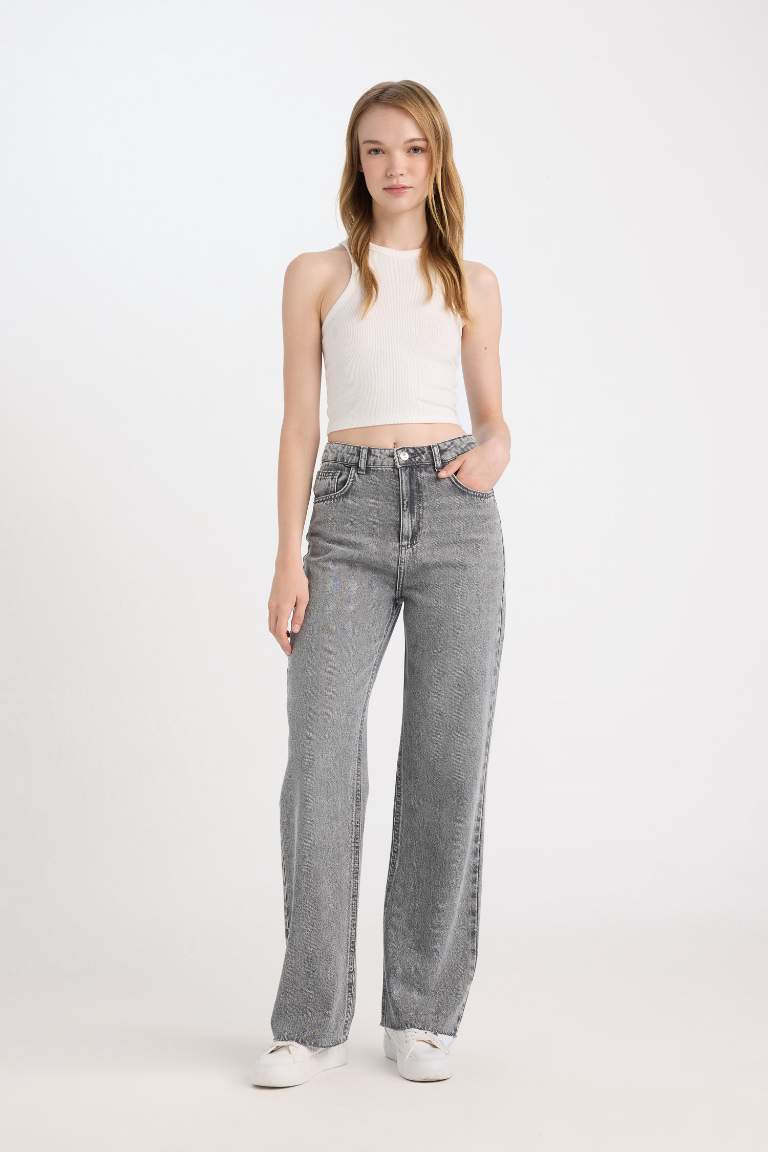 90's Wide Leg High Waist Long Washed Jeans