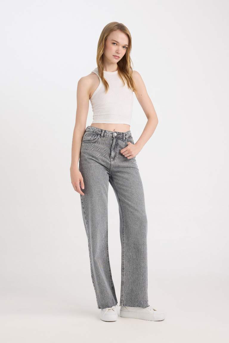 90's Wide Leg High Waist Long Washed Jeans