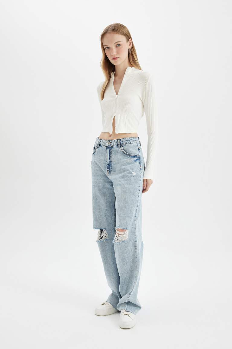 90's Wide Leg Ripped Detailed High Waist Washed Jeans