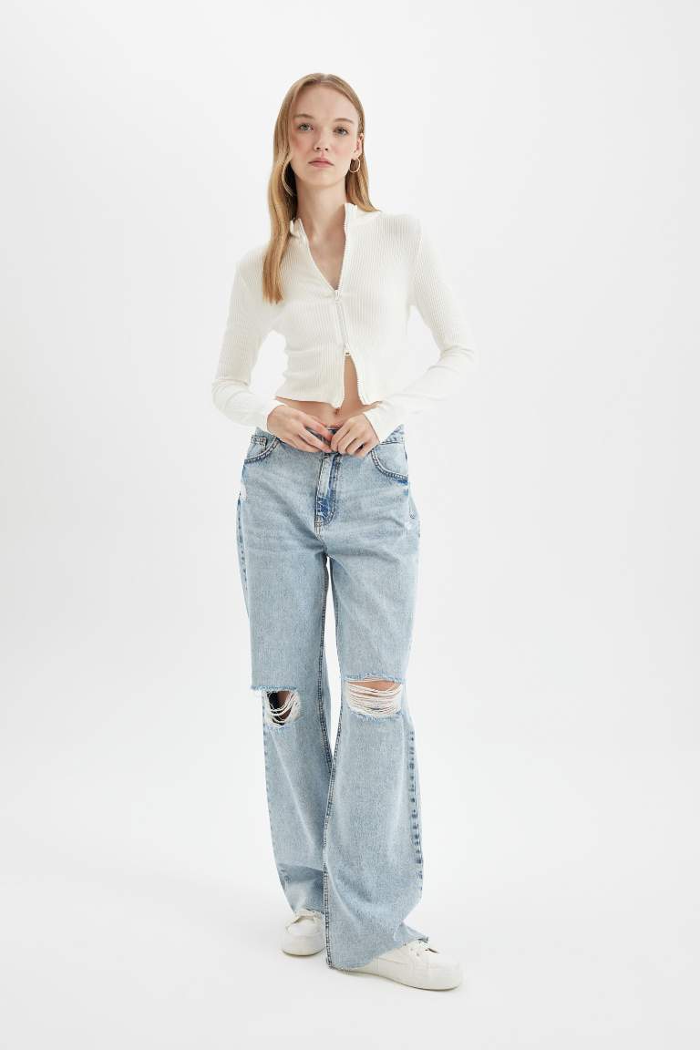 90's Wide Leg Ripped Detailed High Waist Washed Jeans