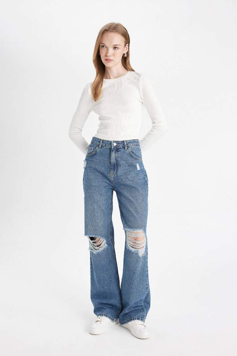 90's Wide Leg Yırtık Detaylı Yüksek Bel Uzun Jean Yıkamalı Pantolon