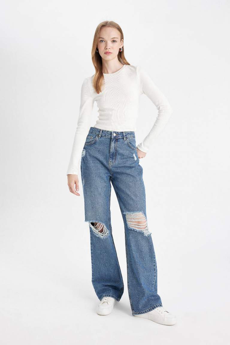 90's Wide Leg Yırtık Detaylı Yüksek Bel Uzun Jean Yıkamalı Pantolon