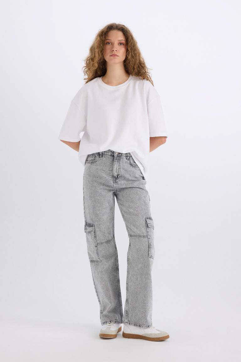 90's Wide Leg Yüksek Bel Düz Paça Uzun Jean Yıkamalı Pantolon