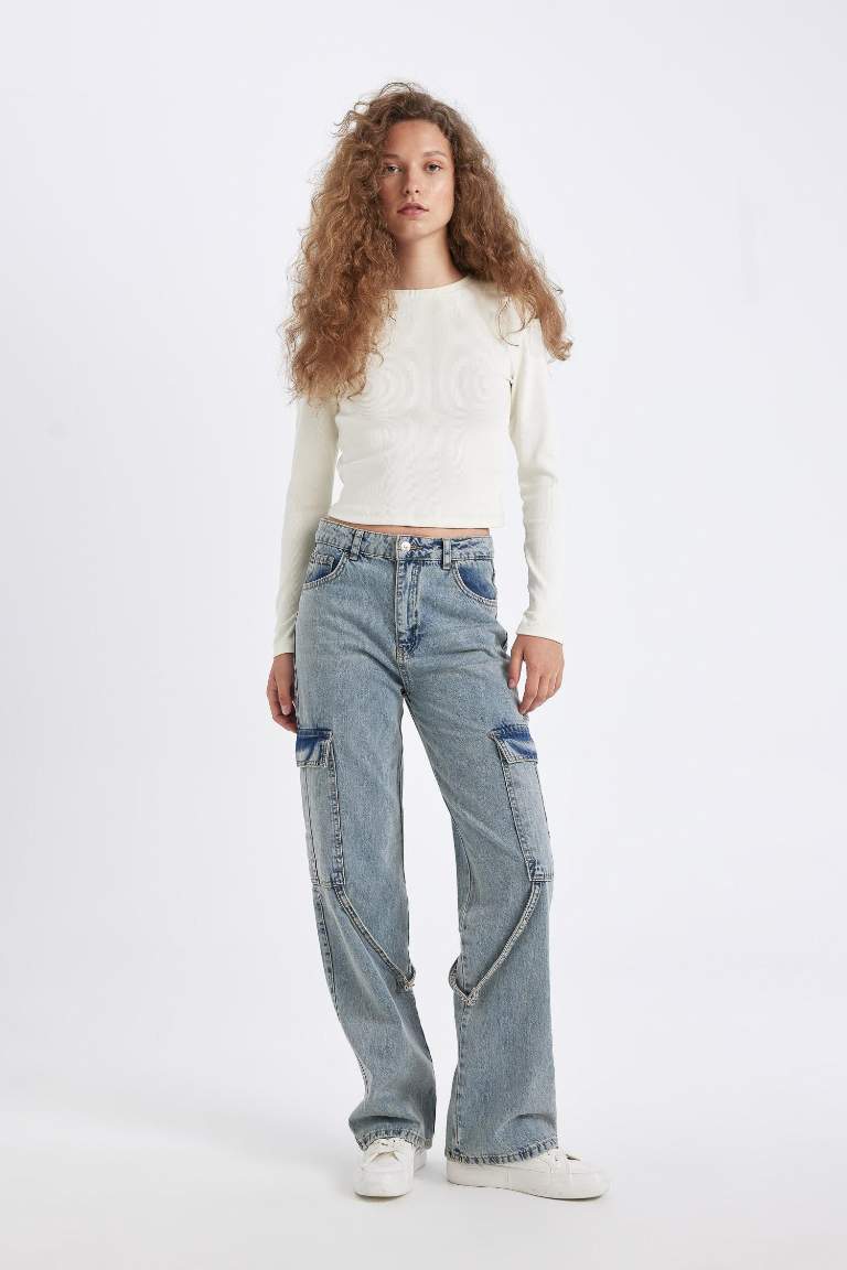 Wide Leg Kargo Yüksek Bel Uzun Jean Yıkamalı Pantolon