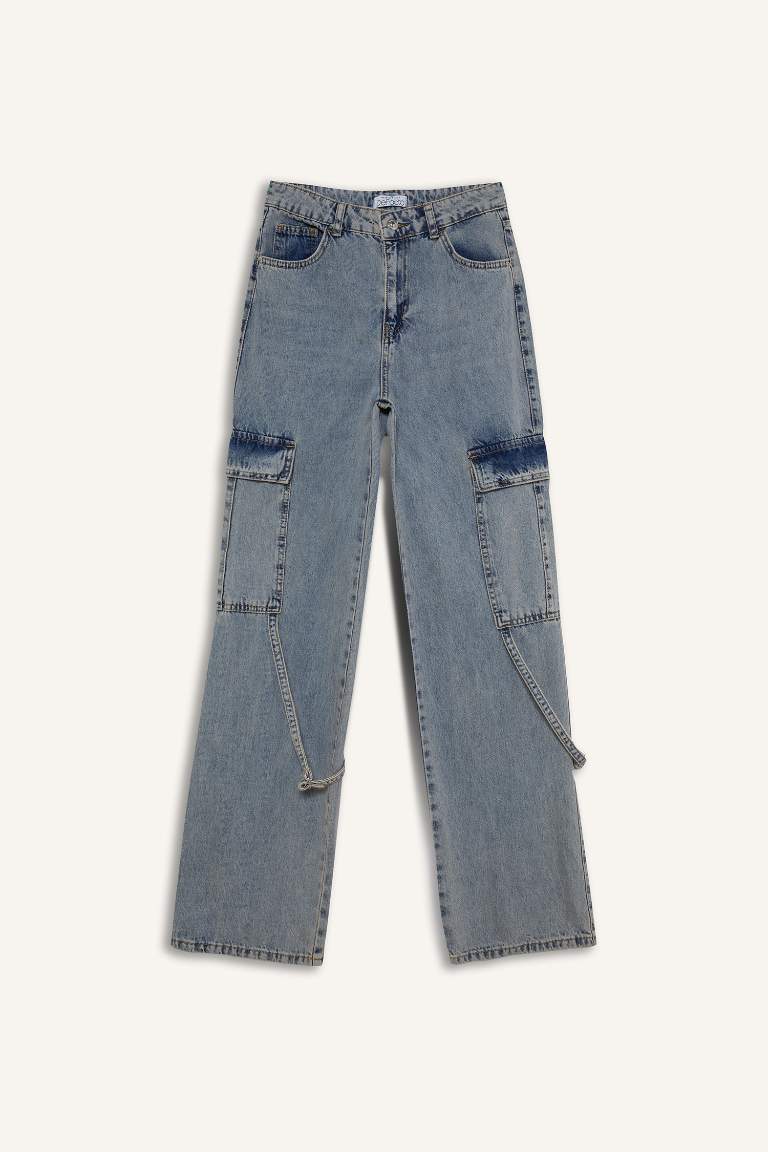 Wide Leg Kargo Yüksek Bel Uzun Jean Yıkamalı Pantolon