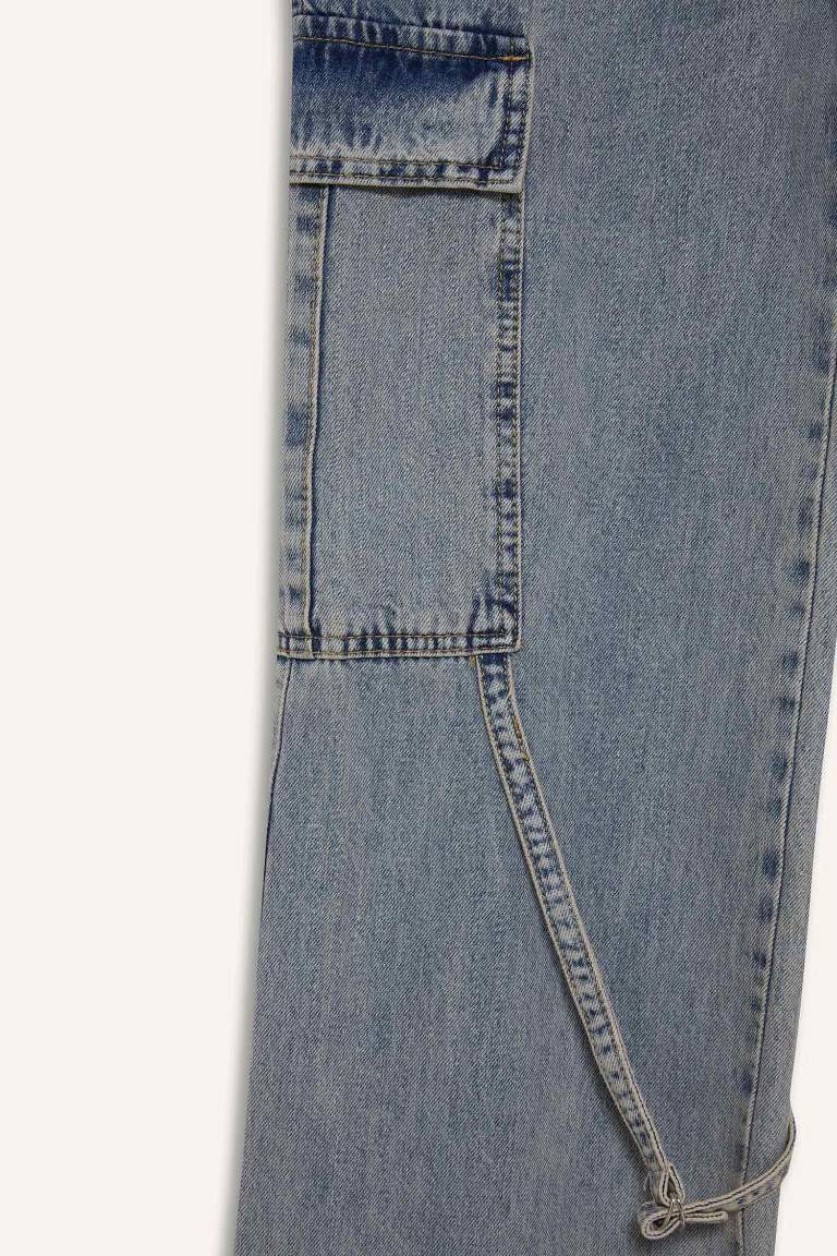 Wide Leg Kargo Yüksek Bel Uzun Jean Yıkamalı Pantolon