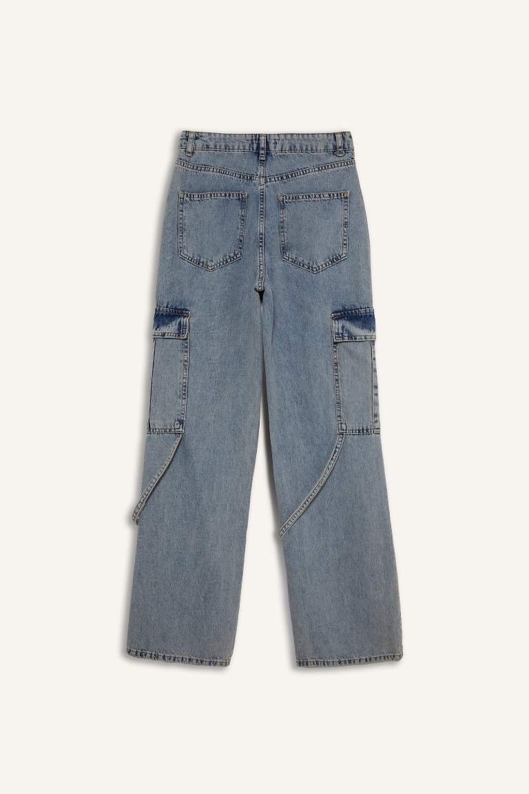 Wide Leg Kargo Yüksek Bel Uzun Jean Yıkamalı Pantolon