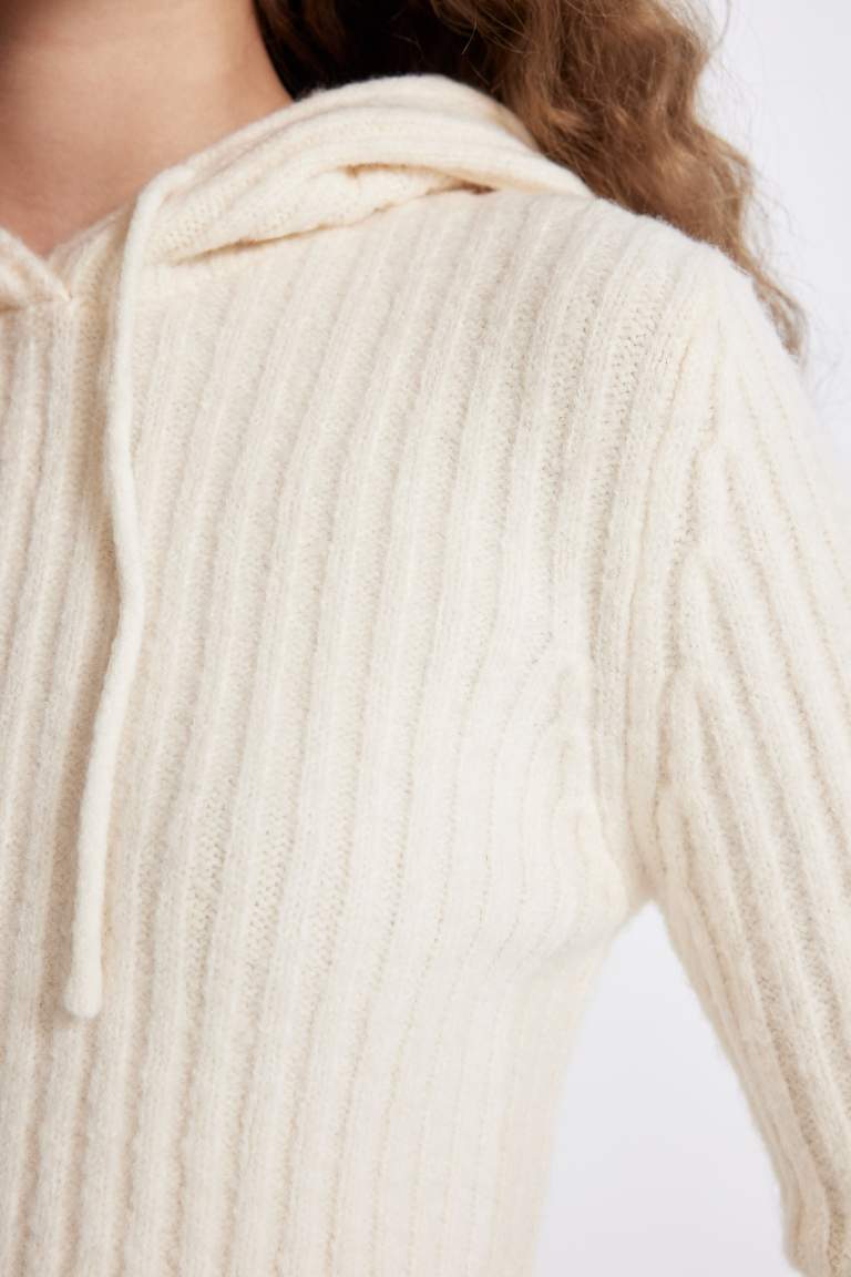 Regular Fit Basic Hooded Crop Knitwear Pullover