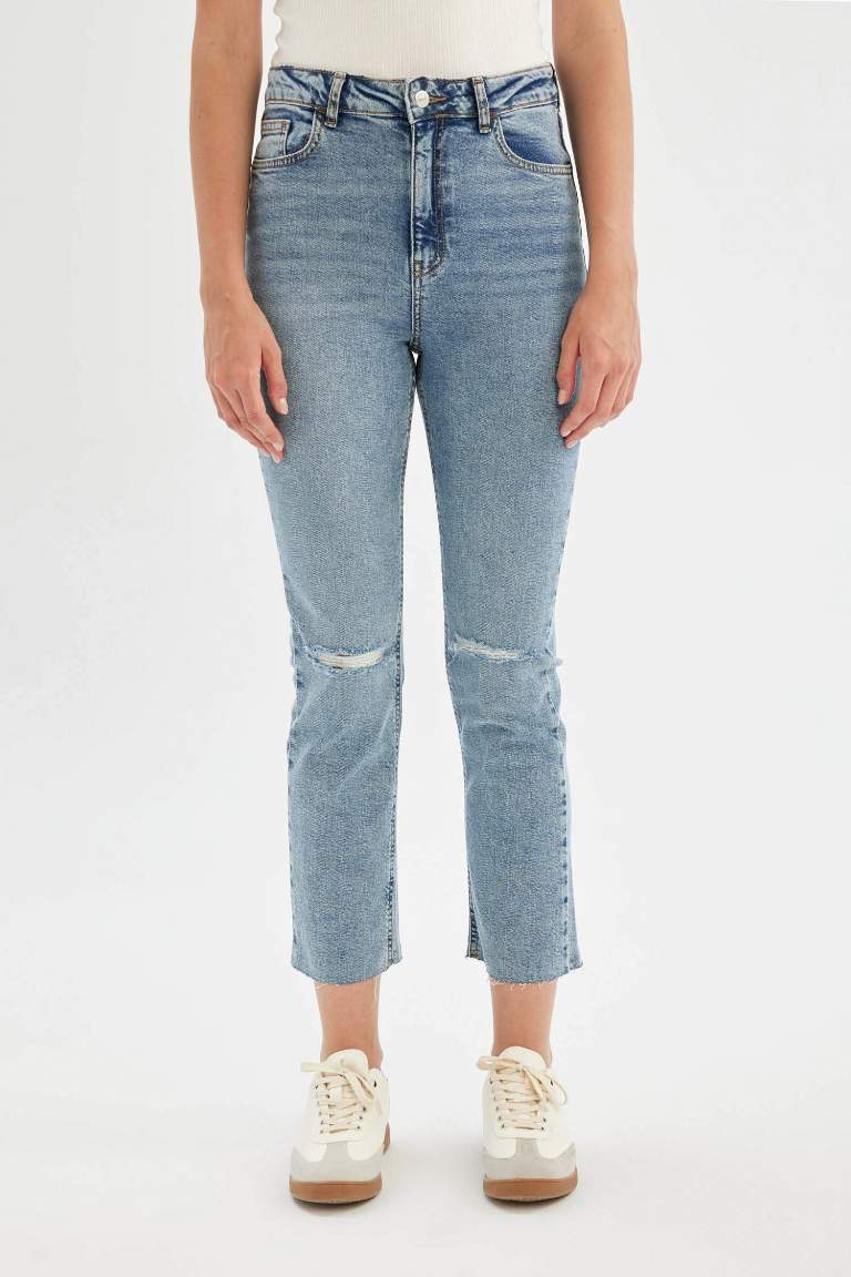 Mary Straight Leg Ripped Detail High Waist Washed Jeans