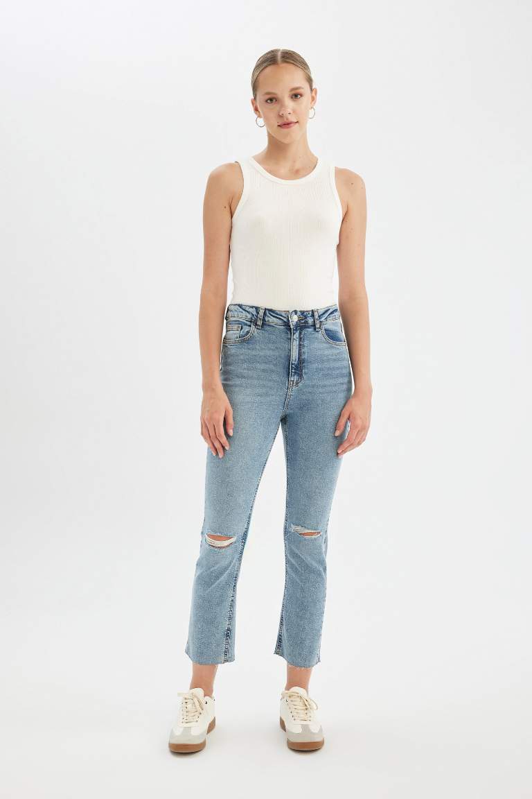 Mary Straight Leg Ripped Detail High Waist Washed Jeans