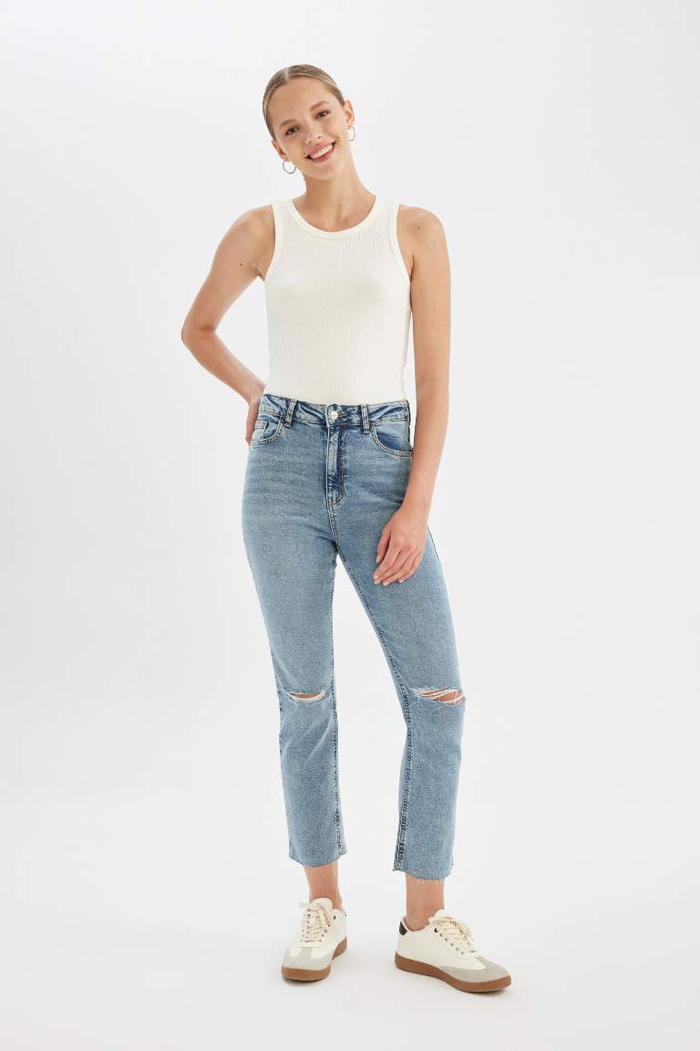 Mary Straight Leg Ripped Detail High Waist Washed Jeans