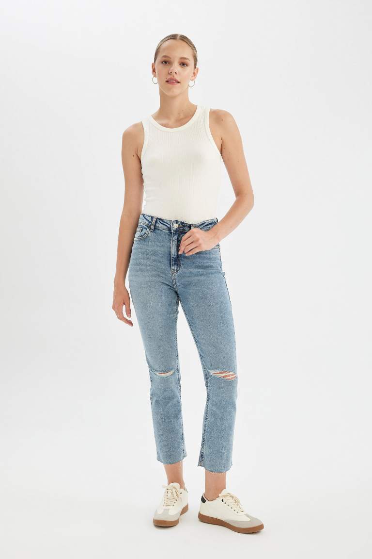 Mary Straight Leg Ripped Detail High Waist Washed Jeans