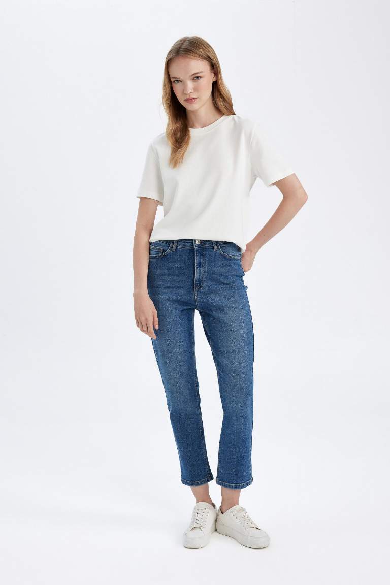 Mary Vintage Straight Fit Yüksek Bel Paça Ucu Kesik Bilek Boy Jean Yıkamalı Pantolon