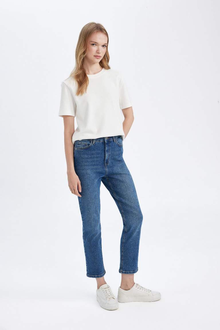Mary Vintage Straight Fit Yüksek Bel Paça Ucu Kesik Bilek Boy Jean Yıkamalı Pantolon
