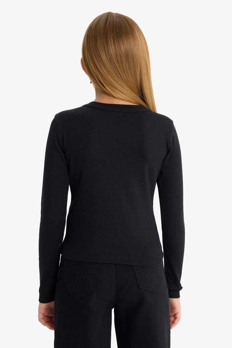 Kız Çocuk Slim Fit Dar Kesim Bisiklet Yaka Baskılı Fitilli Kaşkorse Uzun Kollu Tişört
