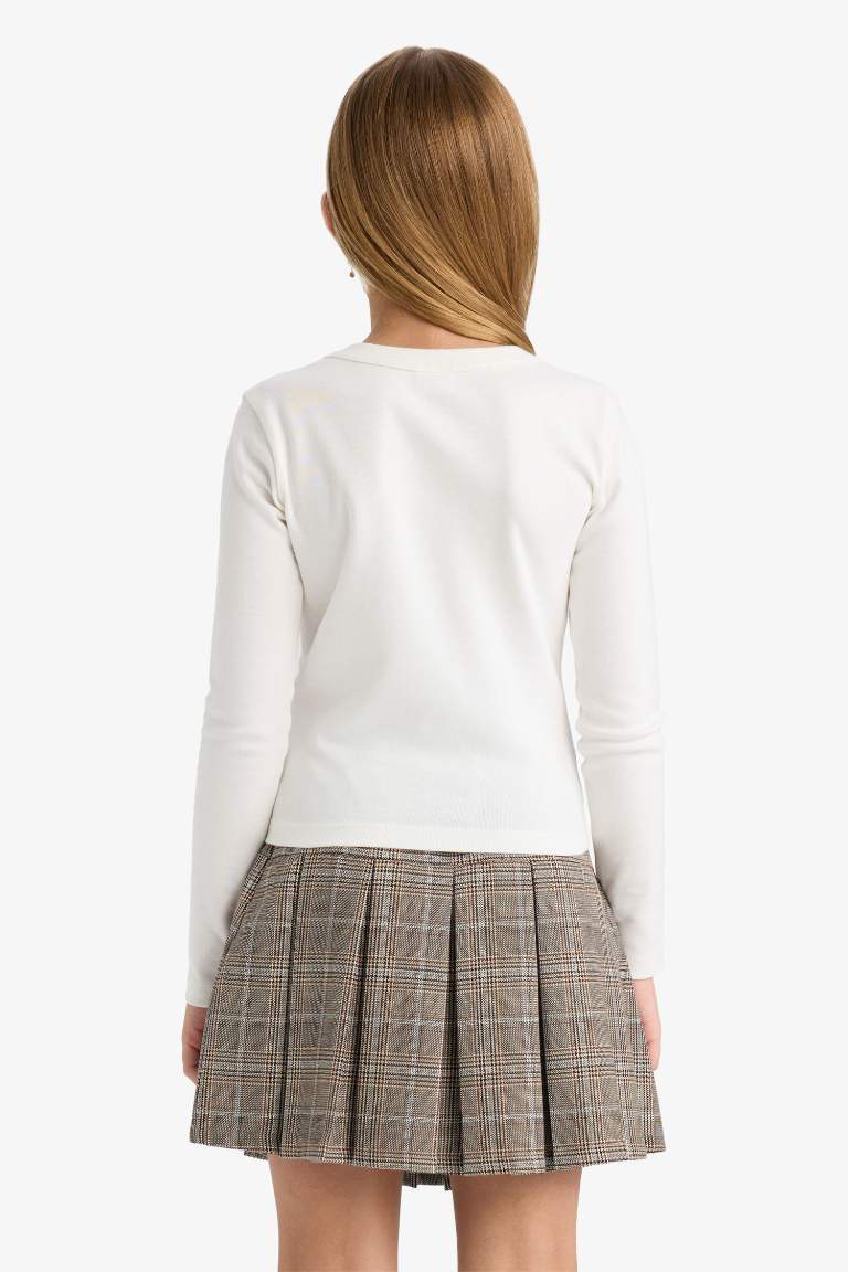 Kız Çocuk Slim Fit Dar Kesim Bisiklet Yaka Baskılı Fitilli Kaşkorse Uzun Kollu Tişört