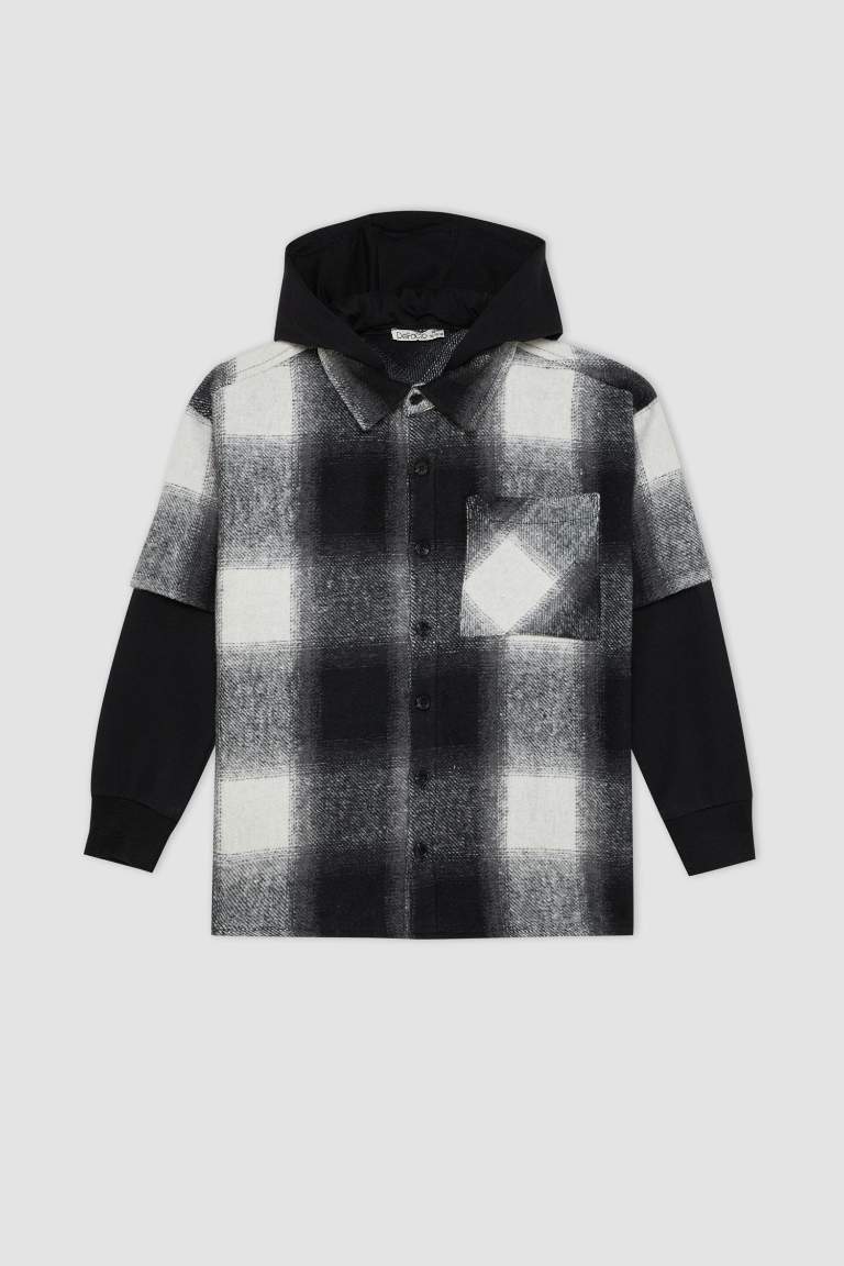 Boy Oversize Fit Hooded Flannel Shirt