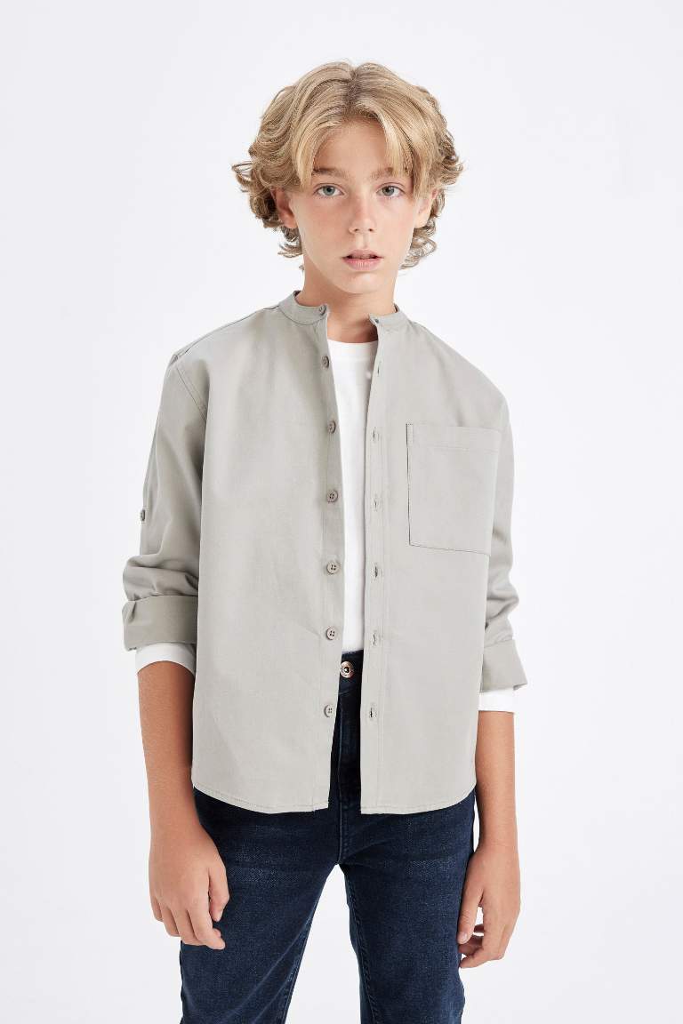 Boy Oversize Fit Stand Collar Twill Shirt