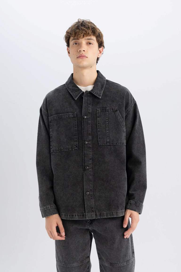 Boy Black Boxy Fit Cotton Basic Denim Shirt Jacket