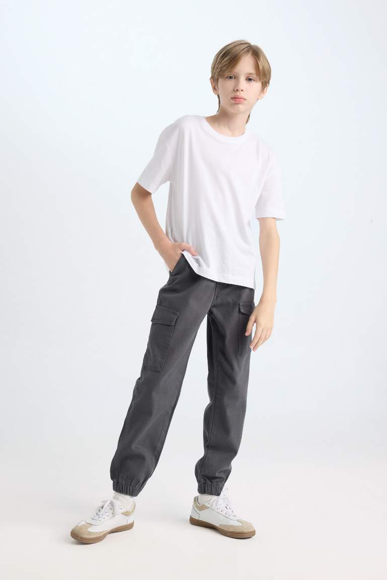 Boy Tied Waist Elastic Leg Gabardine Cargo Pants