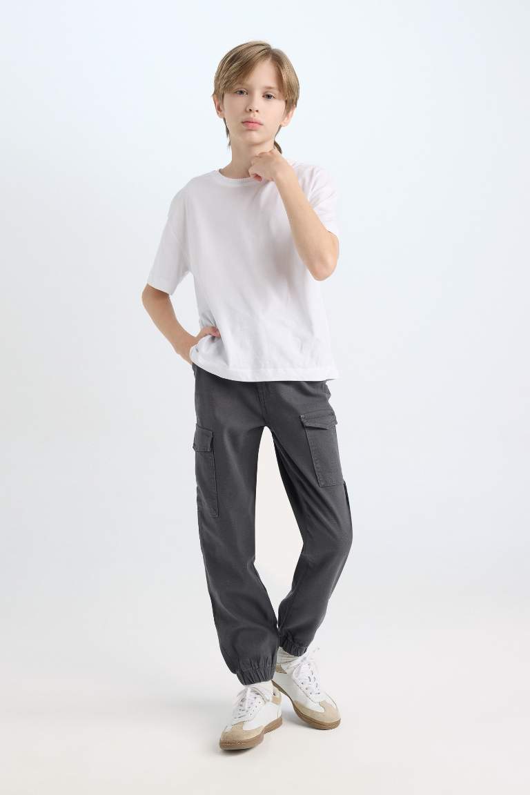 Boy Tied Waist Elastic Leg Gabardine Cargo Pants