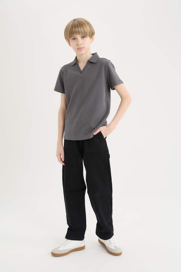 Erkek Çocuk Loose Fit Standart Paça Kargo Cepli Basic Düz Gabardin Siyah Pantolon