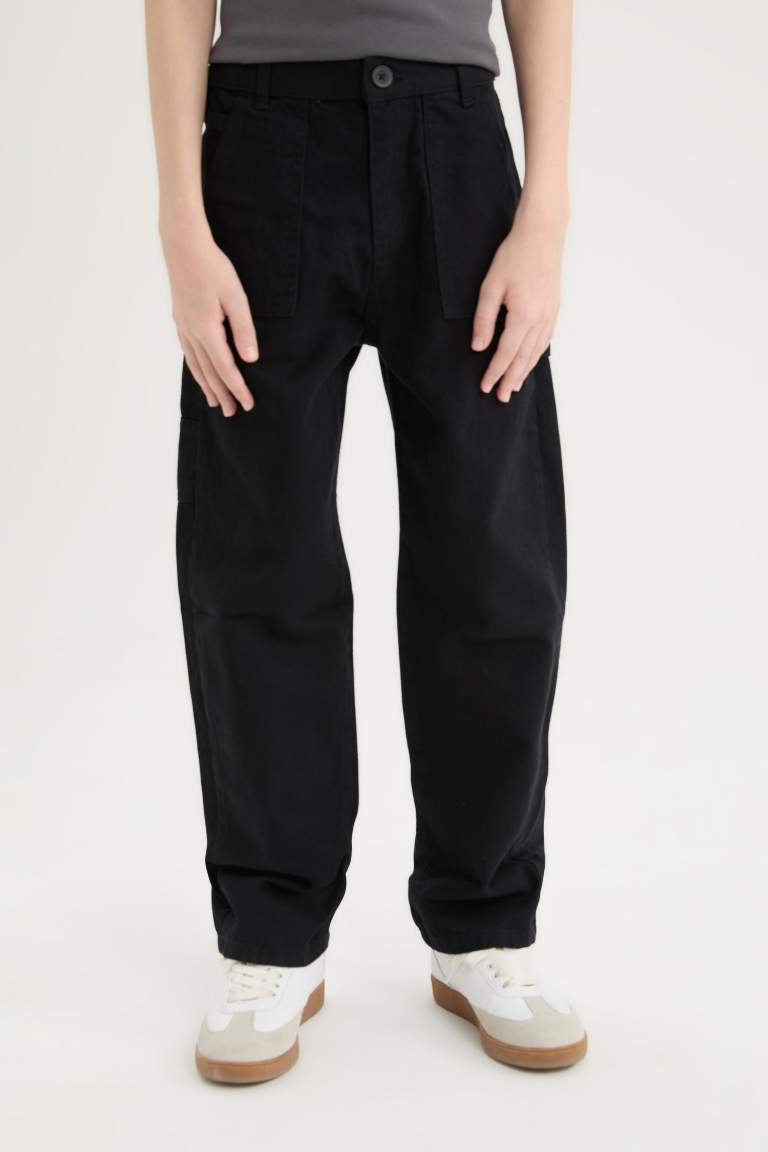 Erkek Çocuk Loose Fit Standart Paça Kargo Cepli Basic Düz Gabardin Siyah Pantolon