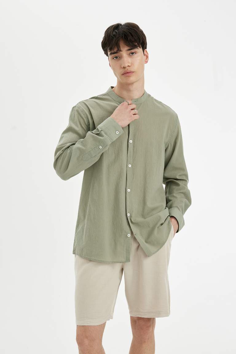 Regular Fit Stand Collar Cotton Long Sleeve Shirt