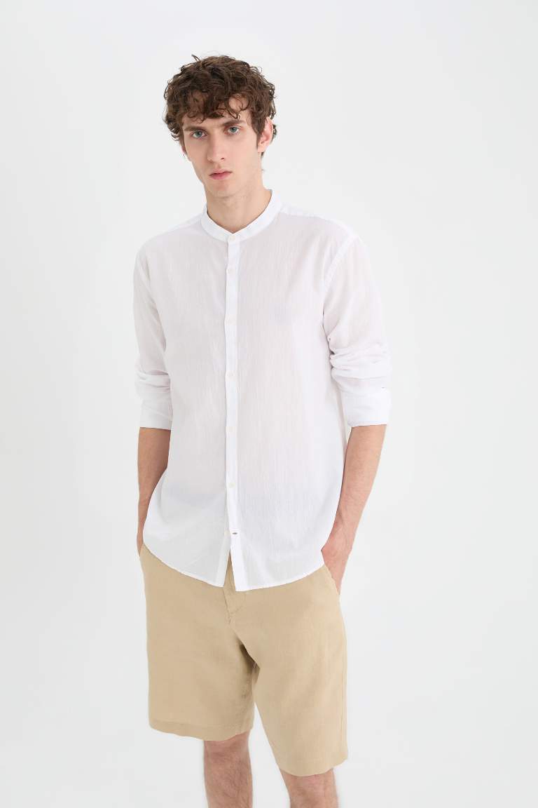 Regular Fit Stand Collar Cotton Long Sleeve Shirt