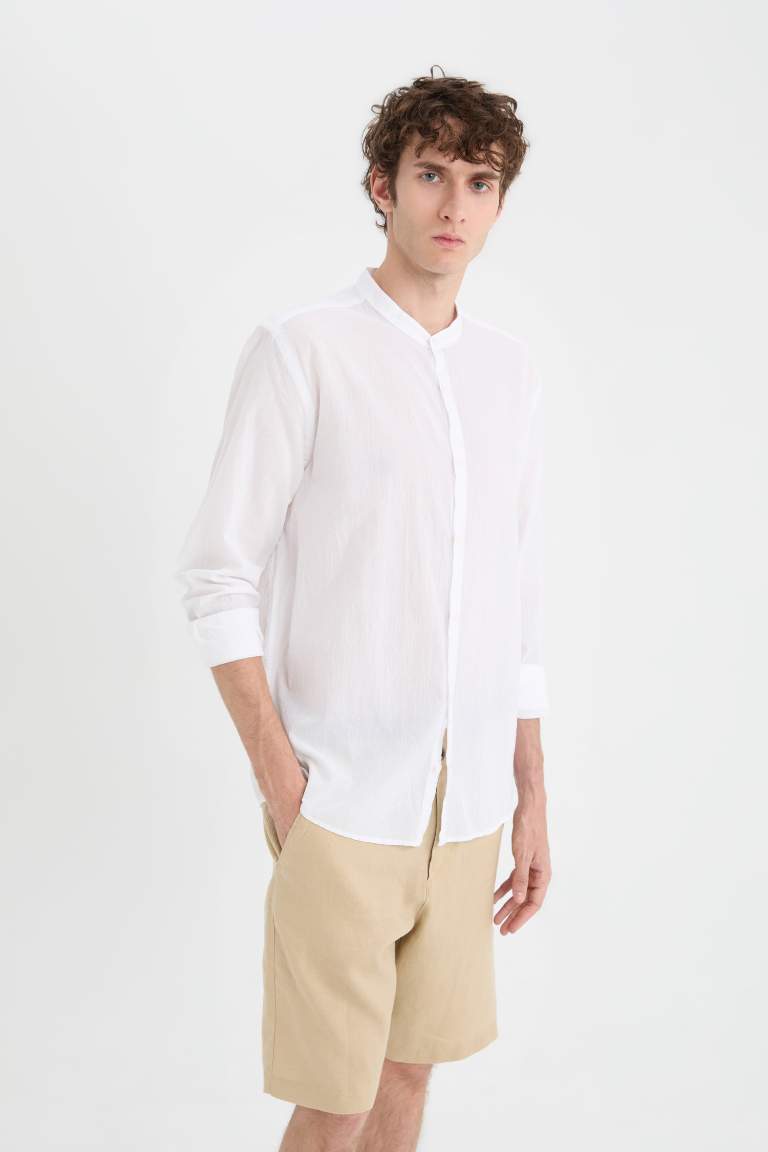 Regular Fit Stand Collar Cotton Long Sleeve Shirt