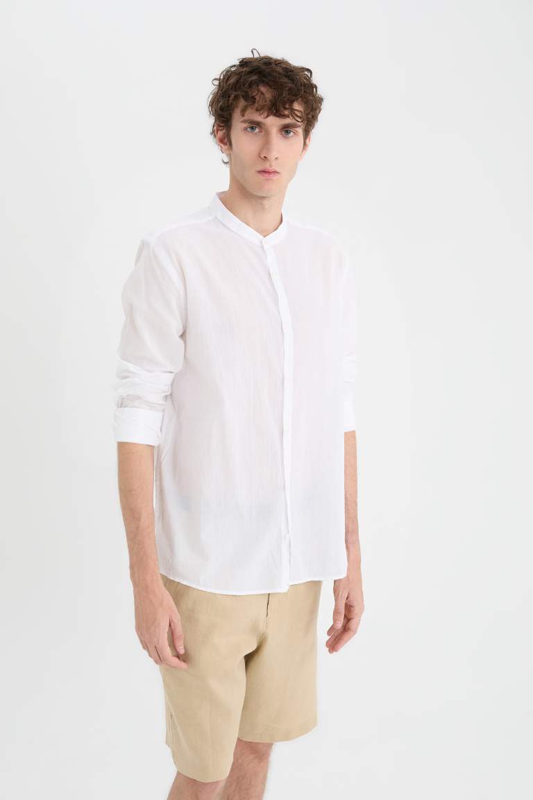 Regular Fit Stand Collar Cotton Long Sleeve Shirt