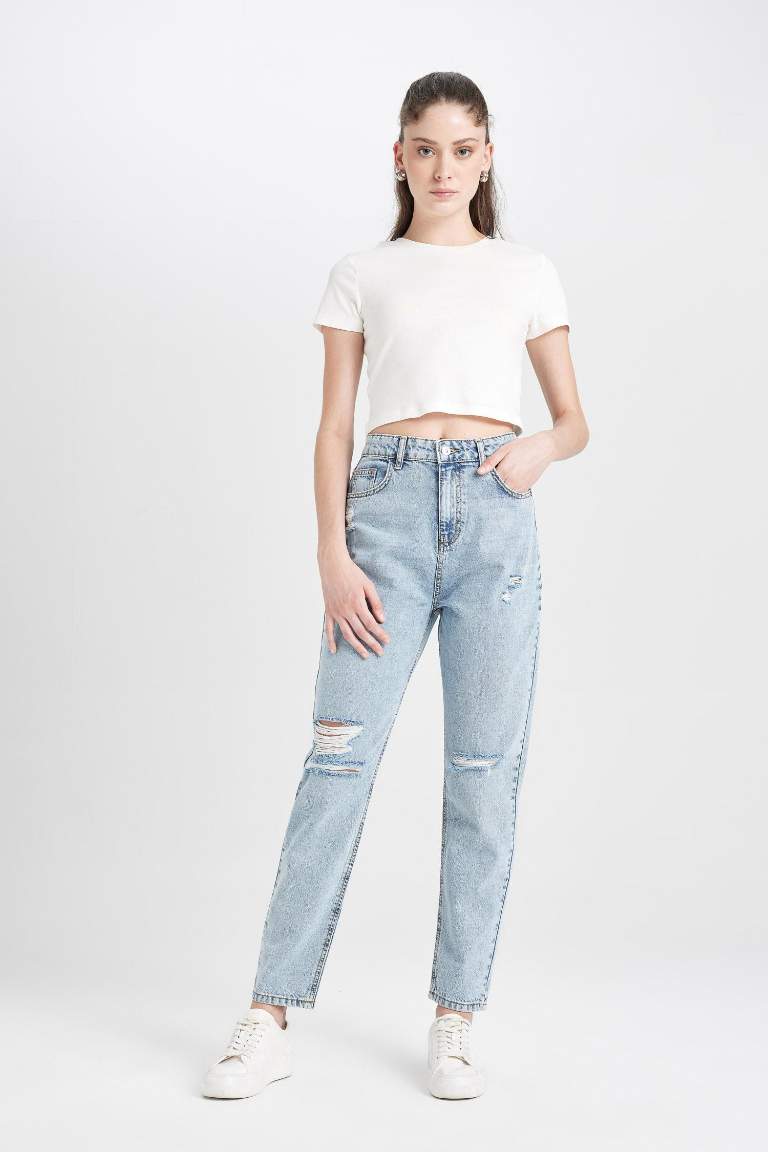 Lina Mom Fit Yıkamalı Jean Pantolon Yırtık Detaylı Yüksek Bel Bilek Boy