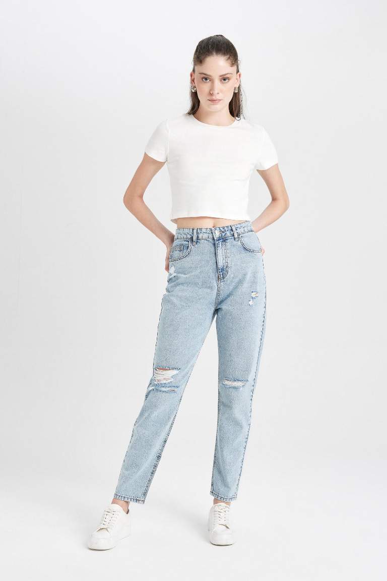 Lina Mom Fit Yıkamalı Jean Pantolon Yırtık Detaylı Yüksek Bel Bilek Boy