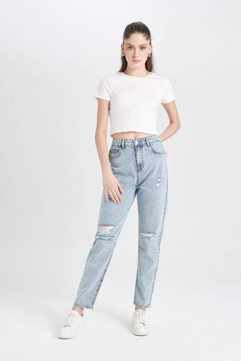 Lina Mom Fit Yıkamalı Jean Pantolon Yırtık Detaylı Yüksek Bel Bilek Boy