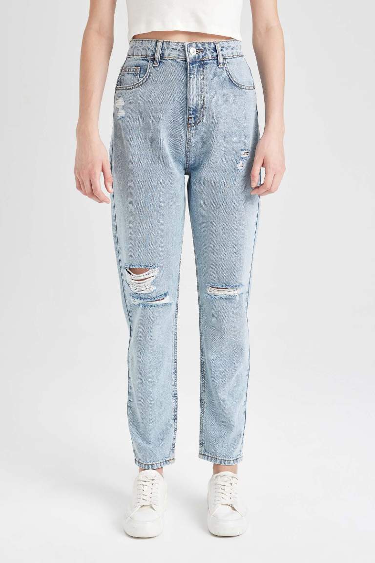 Lina Mom Fit Yıkamalı Jean Pantolon Yırtık Detaylı Yüksek Bel Bilek Boy