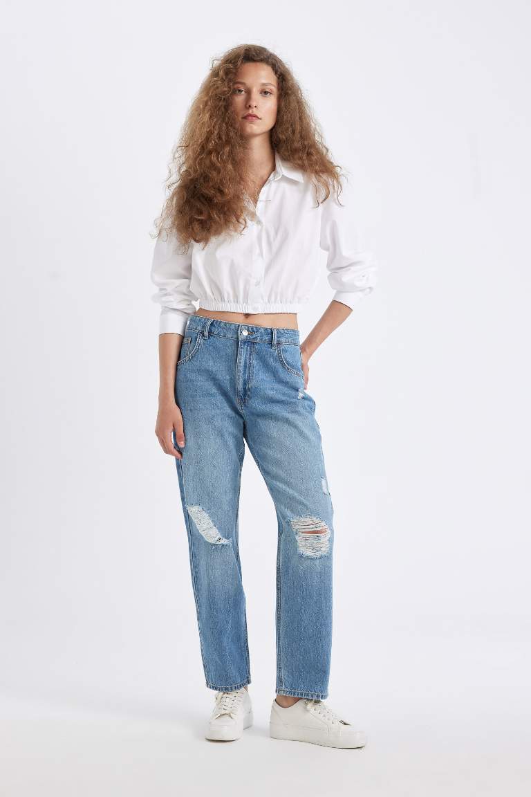 Boyfriend Ripped Detailed High Waist Ankle Jeans