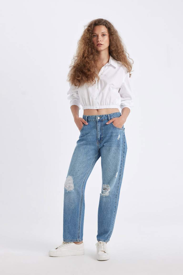 Boyfriend Ripped Detailed High Waist Ankle Jeans