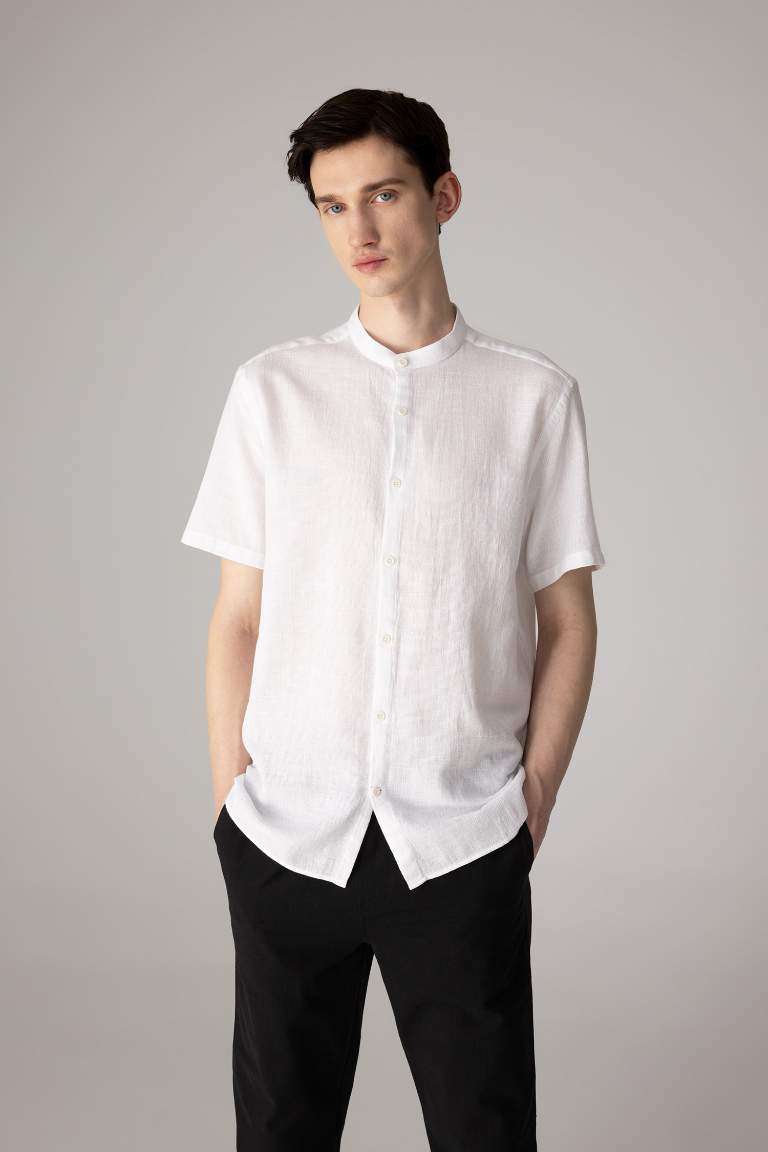 Regular Fit Stand Collar Cotton Short Sleeve Shirt