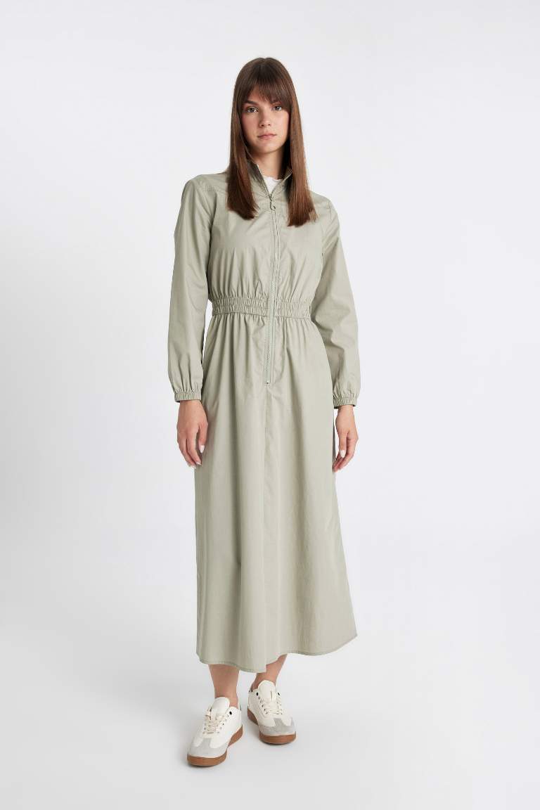 Regular Fit Fermuarlı Dik Yaka Basic Düz Poplin Uzun Kollu Maxi Elbise