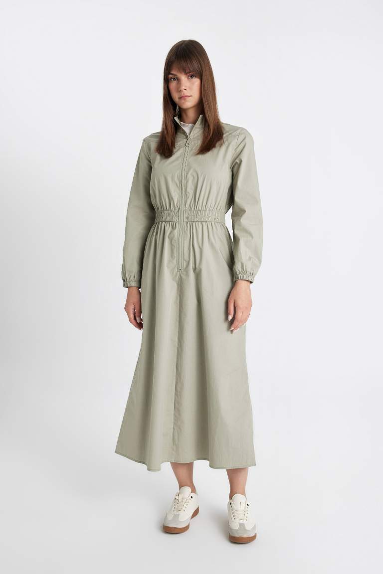 Regular Fit Fermuarlı Dik Yaka Basic Düz Poplin Uzun Kollu Maxi Elbise